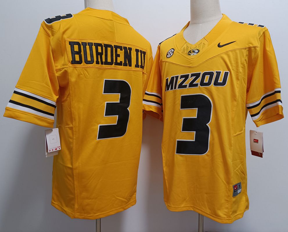 Men Missouri tiger 3 Burden iii Yellow Nike 2025 NCAA Jersey